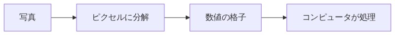 写真がピクセルの数値の格子に変換されコンピュータに処理される流れ