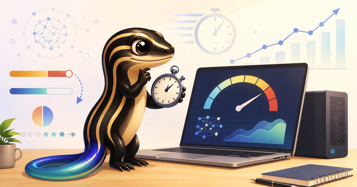 ストップウォッチを持ち、速度メーターが表示されたノートPCの前に立つトカゲのイラスト。ローカルLLMの速度を自分で測る様子を表している