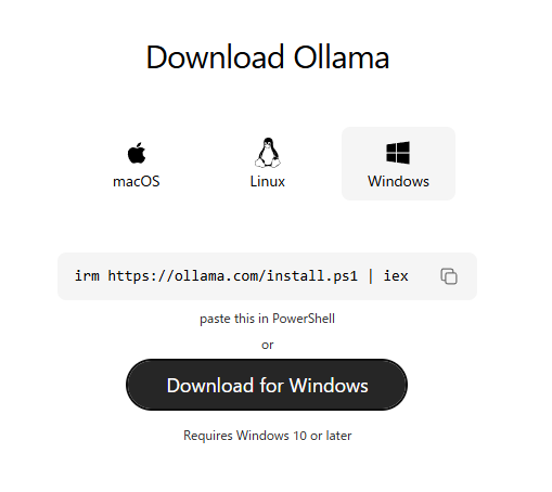 Ollama公式サイトのダウンロードページ。Windowsが選択されている