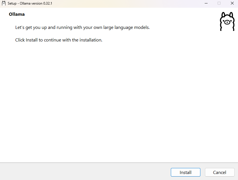 Ollamaのインストーラー画面。Installボタンが表示されている