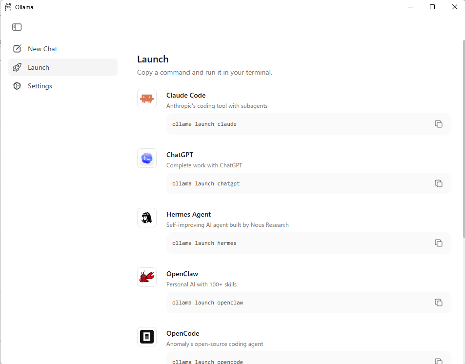 Ollamaアプリの Launch 画面。Claude CodeやChatGPTなどが並んでいる