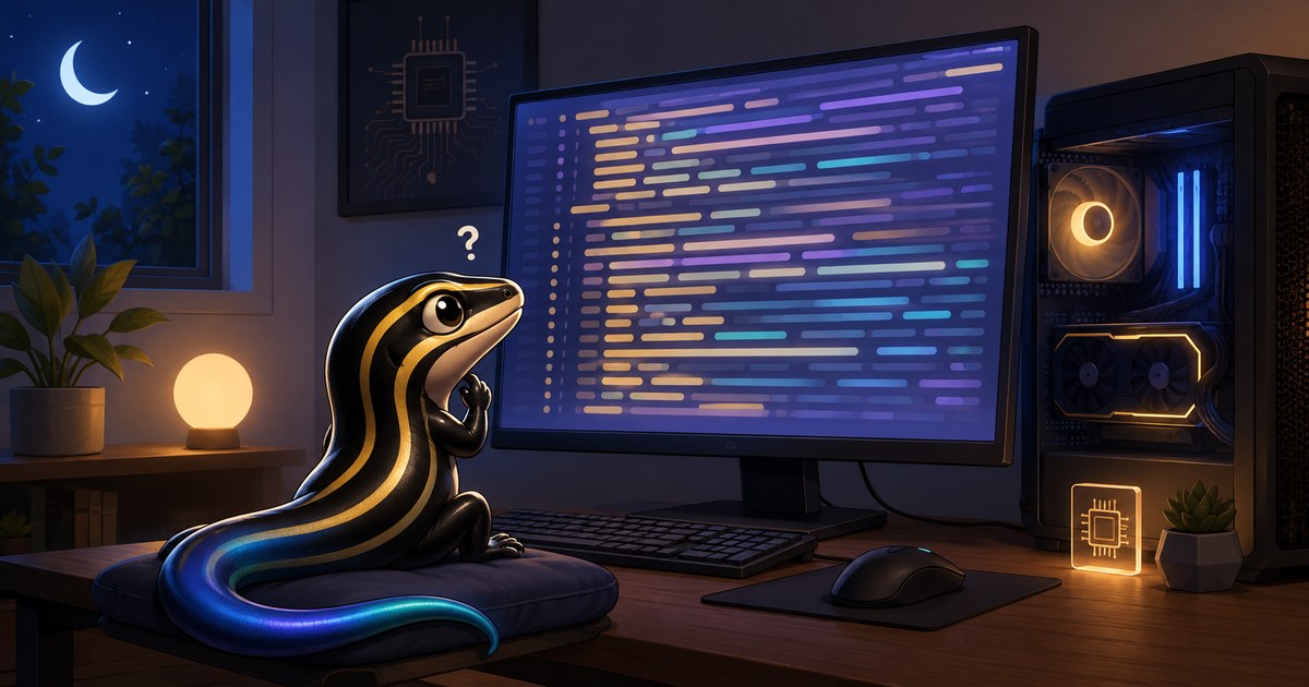 夜のデスクでPCの画面に流れる文字を見つめ、戸惑った表情を浮かべるトカゲのイラスト。ローカルLLMを動かしたときの様子を表している